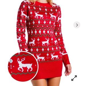 NWT Tipsy Elves Red Reindeer Holiday Christmas Longline Tunic Sweater Dress M